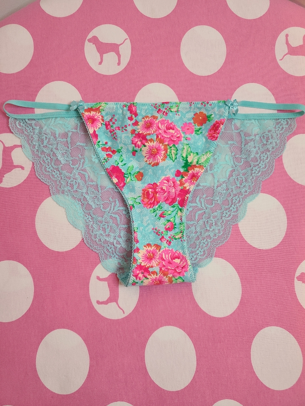 New VTG VS PINK Classic Cotton Low Rise Lace Back String Bikini Panty Size Lg